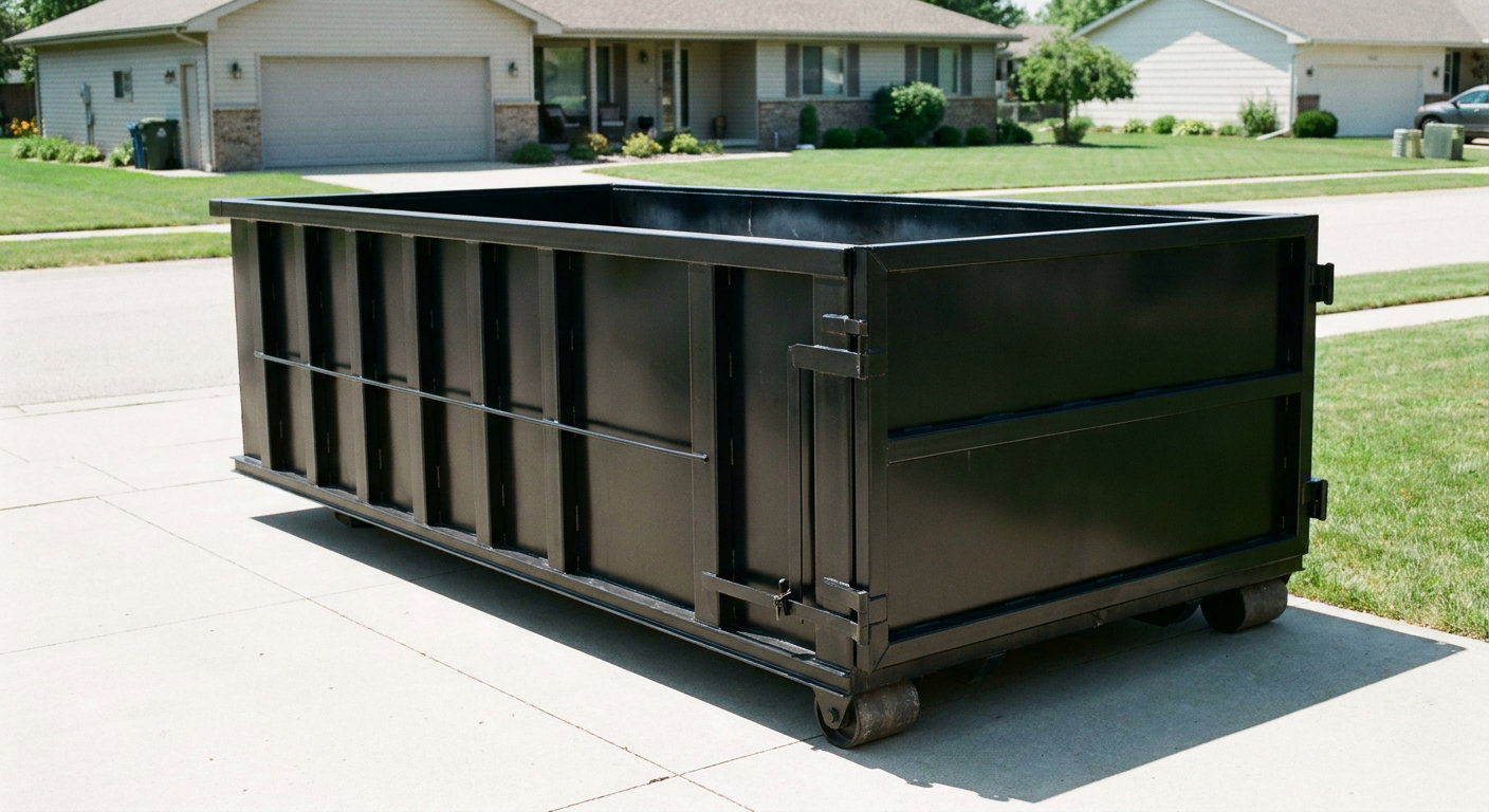 Matte-black 10-yard roll-off dumpster on a residential concrete driveway in Chattanooga, uniformly painted matte black across every panel and rail, ribbed steel sidewalls and rear swing door visible, mid-day daylight.