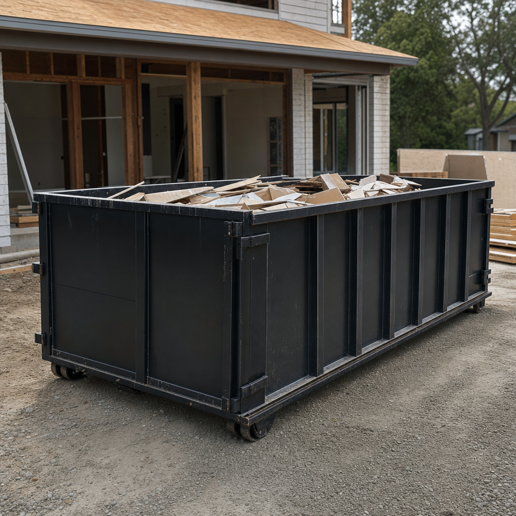 Large matte-black 30-yard construction roll-off dumpster at an active Chattanooga jobsite, steel-gray top rails and bottom rollers visible, loaded with construction debris.