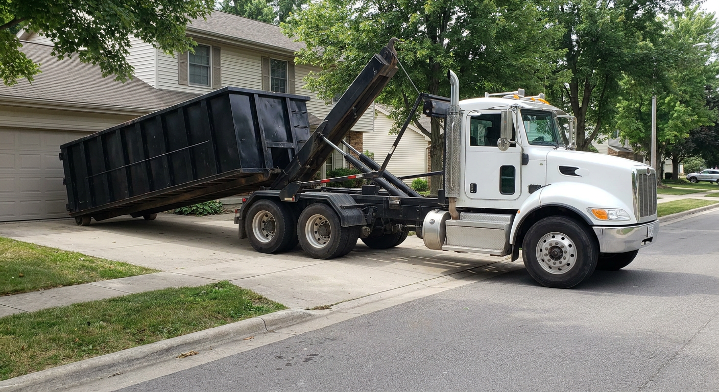 White-cab hooklift roll-off truck actively lowering a matte-black dumpster onto a Chattanooga residential concrete driveway, the dumpster's rear wheels touching the driveway as the hoist arm tilts the bed forward, mid-morning daylight.