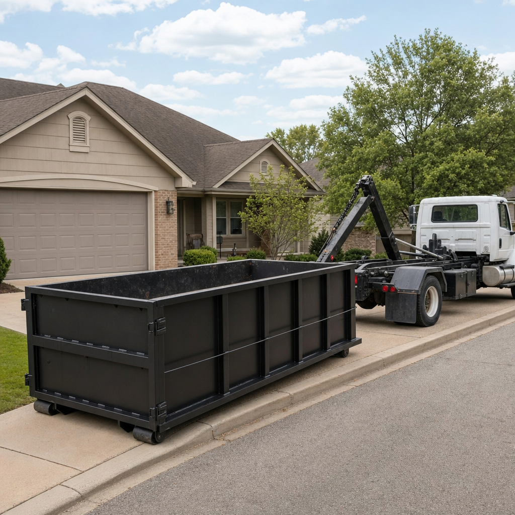 Wide documentary shot of a matte-black roll-off dumpster on a Chattanooga residential driveway in the foreground and a contractor jobsite container in the soft-focus background, bright daylight, calm and orderly composition.